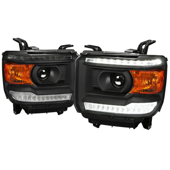 2014-2019 GMC Sierra LED Light Strip Projector Headlights (Matte Black Housing/Clear Lens)