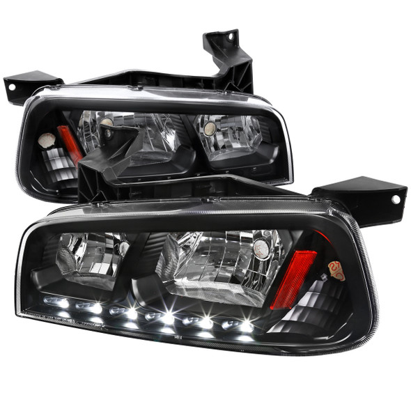 2006-2010 Dodge Charger 1PC Style SMD LED Light Strip Factory Style Headlights w/ Amber Reflector (Matte Black Housing/Clear Lens)