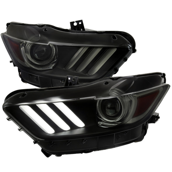 2015-2017 Ford Mustang / 2018-2020 Mustang Shelby LED Strip Xenon HID Projector Headlights (Black Housing/Smoke Lens)