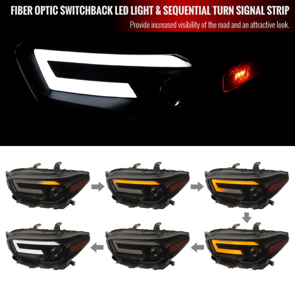 2016-2021 Toyota Tacoma Switchback Sequential LED Bar Projector Headlights (Black Housing/Smoke Lens)
