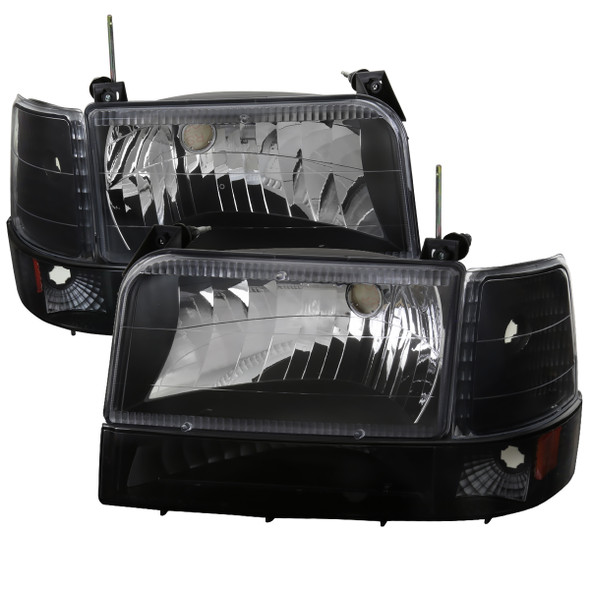 1992-1996 Ford F-150/F-250/F-350/Bronco Factory Style Headlights w/ Bumper & Corner Lights (Matte Black Housing/Clear Lens)