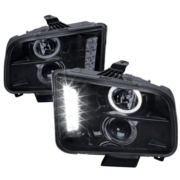 2005-2009 Ford Mustang Halo Projector Headlights w/ LED Light Strip (Glossy Black Housing/Smoke Lens)