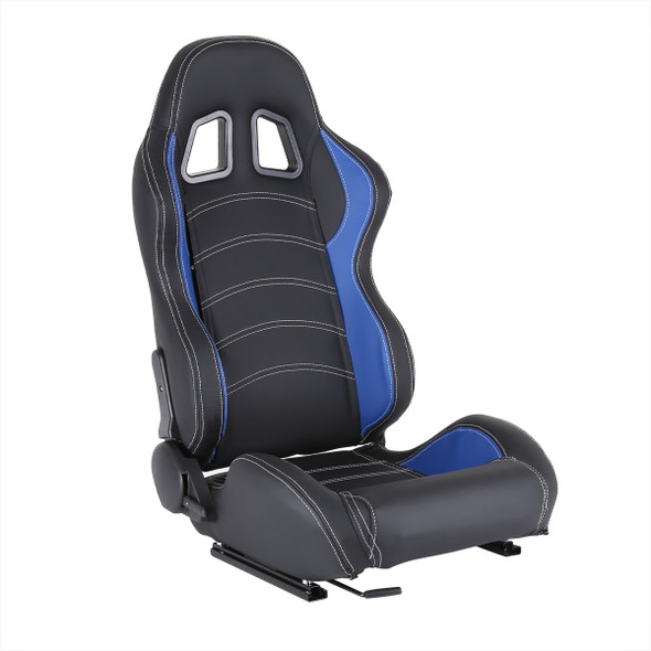 Fully Reclinable Black & Blue PVC Leather Bucket Racing Seat w/ Sliders - Passenger Side Only