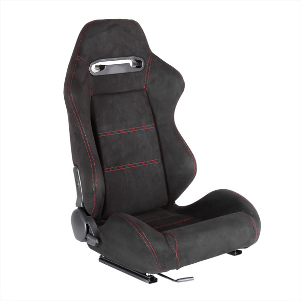 Fully Reclinable Black Suede Red Stitch Bucket Racing Seat w/ Sliders - Passenger Side Only