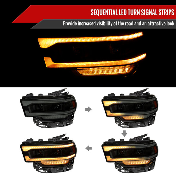 2019-2022 Dodge RAM 2500/3500/4500/5500 Switchback Sequential LED Turn Signal Projector Headlights (Jet Black Housing/Smoke Lens)