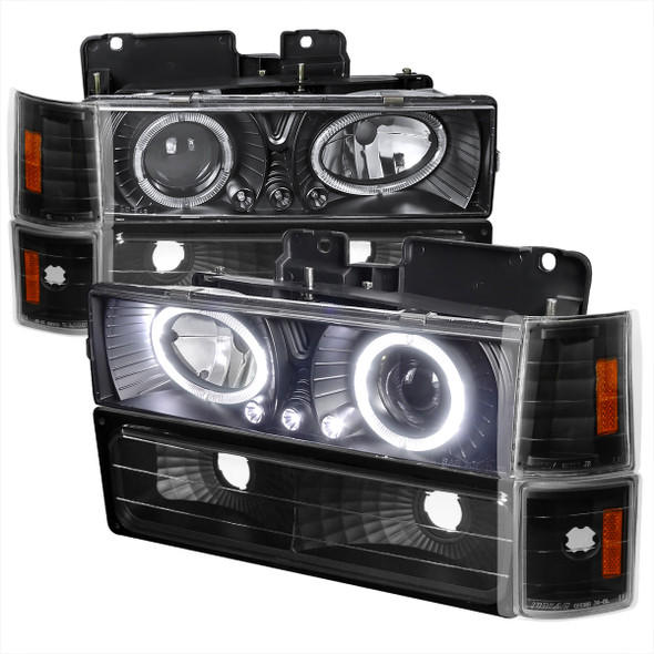 1994-1999 GMC C/K C10 Sierra Dual Halo Projector Headlights With Bumper and Corner Signal Lights (Matte Black Housing/Clear Lens)