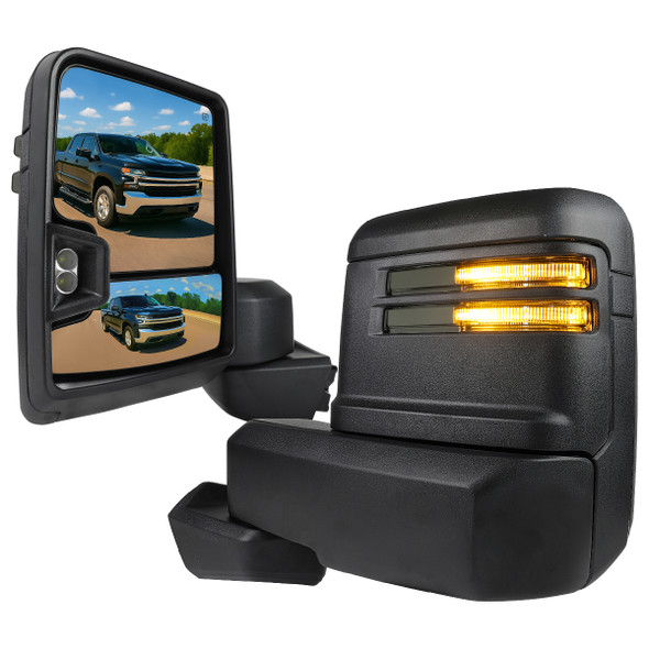 2019-2025 Chevrolet Silverado 1500 Power Adjustable, Heated, & Manual Extendable Black Towing Mirrors w/ Smoked Lens LED Turn Signal & Clearance Lights
