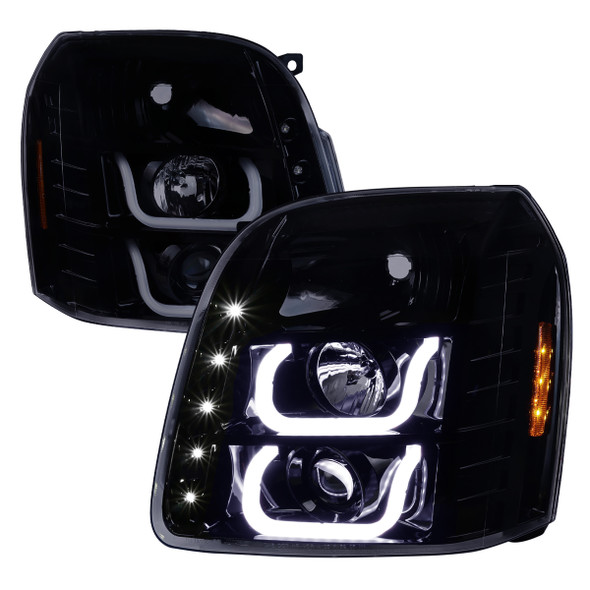 2007-2014 GMC Yukon/Yukon XL 1500/2500 LED U-Bar Projector Headlights (Glossy Black Housing/Light Smoke Lens)