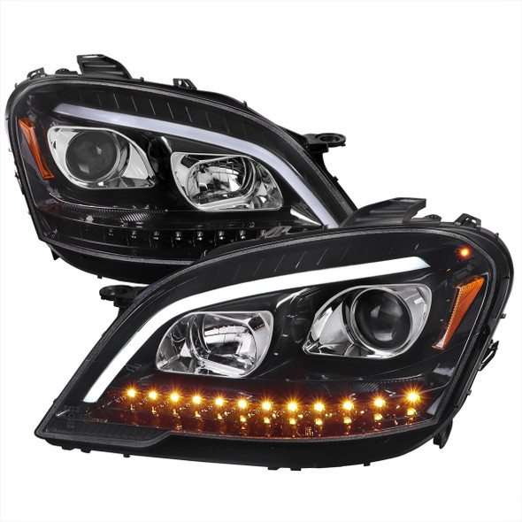 2009-2011 Mercedes Benz W164 ML-Class LED Sequetial Turn Signal Projector Headlights (Glossy Black Housing/Clear Lens)