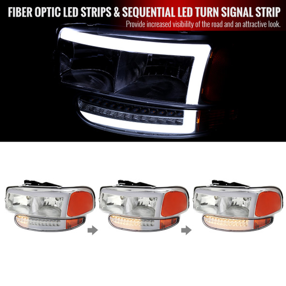 1999-2006 GMC Sierra Denali/2007 Sierra Classic Denali/2000-2006 Yukon/XL Denali Factory Style Headlights with LED Sequential Turn Signal Bumper Lights (Chrome Housing/Clear Lens)