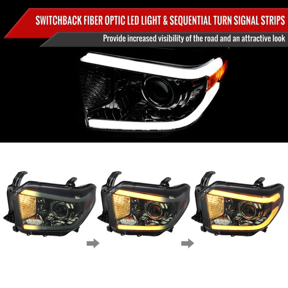 2014-2021 Toyota Tundra LED Switchback Sequential Turn Signal LED Bar Projector Headlights (Chrome Housing/Smoked Lens)
