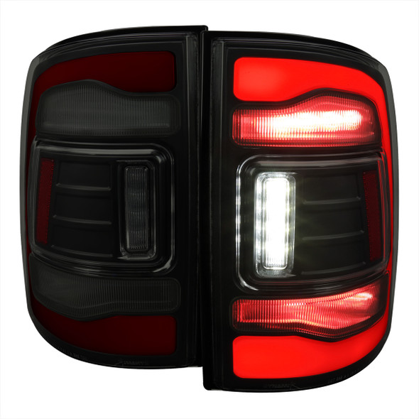 2009-2018 Dodge RAM 1500/2019-2022 RAM 1500 Classic/2010-2018 RAM 2500 3500 Red LED Bar Tail Lights (Matte Black Housing/Smoke Lens)