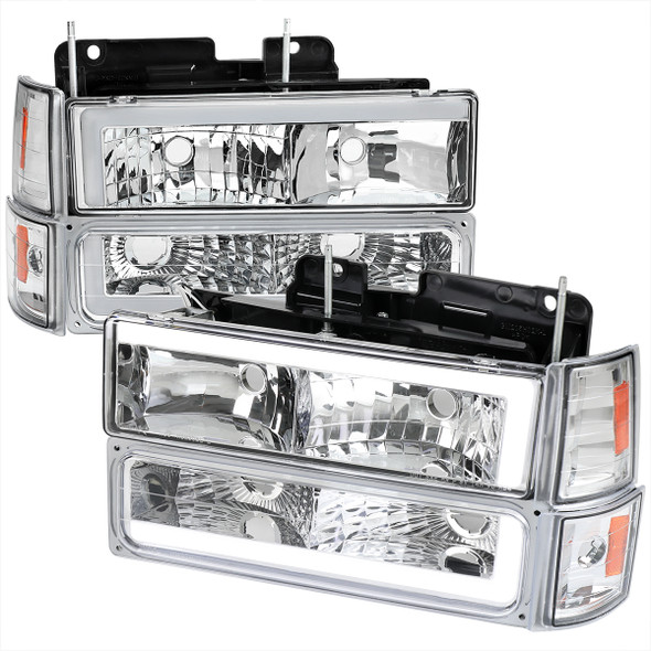 1994-1998 GMC C10 / C/K / Suburban / Sierra / Yukon  LED Bar Factory Style Headlights, Corner Lights, and Bumper Lights (Chrome Housing/Clear Lens)