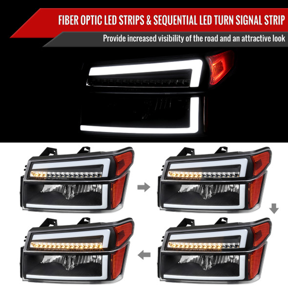 2004-2012 Chevrolet Colorado GMC Canyon/2006-2008 ISUZU I-Series Sequential Turn Signal Factory Style Headlights with LED Bar (Matte Black Housing/Clear Lens)