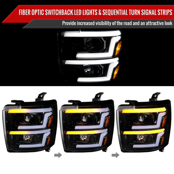 2015-2019 Chevrolet Silverado 2500HD/3500HD Switchback Sequential LED Turn Signal Projector Headlights (Glossy Black Housing/Smoke Lens)