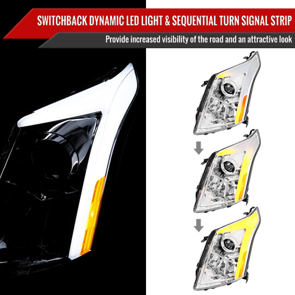 2010-2016 Cadillac SRX Projector Headlights w/ Switchback Sequential Turn Signal LED Bar (Chrome Housing/Clear Lens)