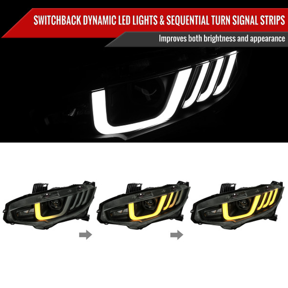 2016-2021 Honda Civic Full LED Projector Headlights w/ Switchback Sequential Turn Signal (Matte Black Housing/Smoke Lens)