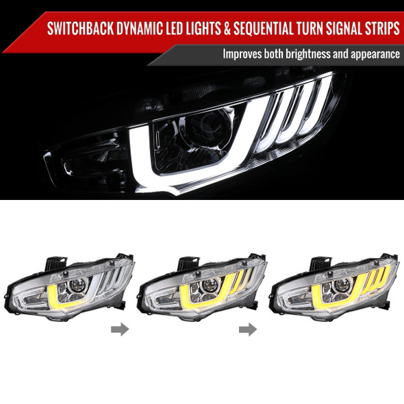 2016-2021 Honda Civic Full LED Projector Headlights w/ Switchback Sequential Turn Signal (Chrome Housing/Clear Lens)
