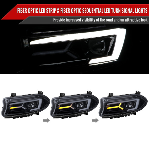 2015-2023 Dodge Charger LED Strip Projector Headlights w/ LED Sequential Turn Signal (Chrome Housing/Smoke Lens)