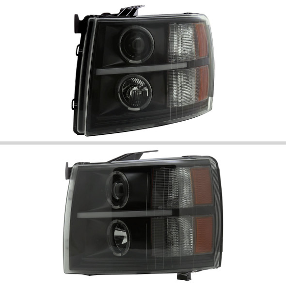2007-2013 Chevrolet Silverado 1500 2500 3500 LED Strip Dual Halo Projector Headlights (Matte Black Housing/Smoked Lens)