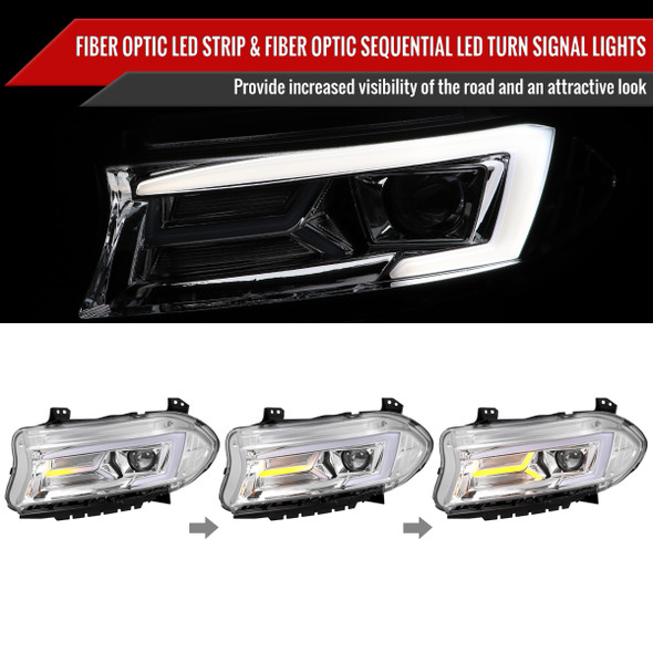 2015-2023 Dodge Charger LED Strip Projector Headlights w/ LED Sequential Turn Signal (Chrome Housing/Clear Lens)