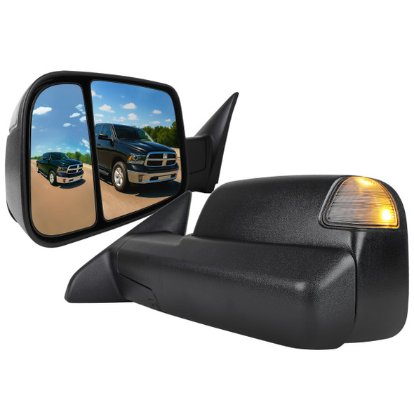 2013-2017 Dodge RAM 1500/2500/3500 Power Adjustable, Auto-Fold, Heated, ATS, & Manual Extendable Black Side Mirrors w/ LED Turn Signal & Puddle Lights