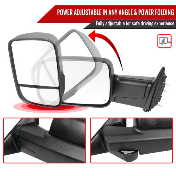 2013-2017 Dodge RAM 1500/2500/3500 Power Adjustable, Auto-Fold, Heated, ATS, & Manual Extendable Black Side Mirrors w/ LED Turn Signal & Puddle Lights