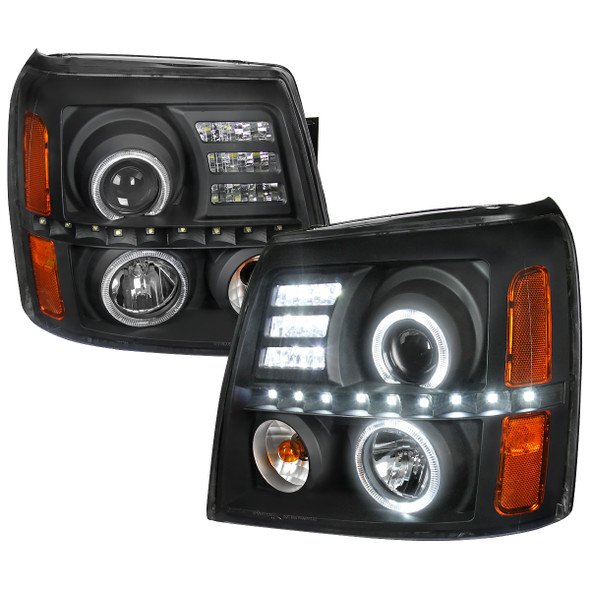 2002-2006 Cadillac Escalade Dual Halo Projector Headlights w/ SMD LED Light Strip (Matte Black Housing/Clear Lens)