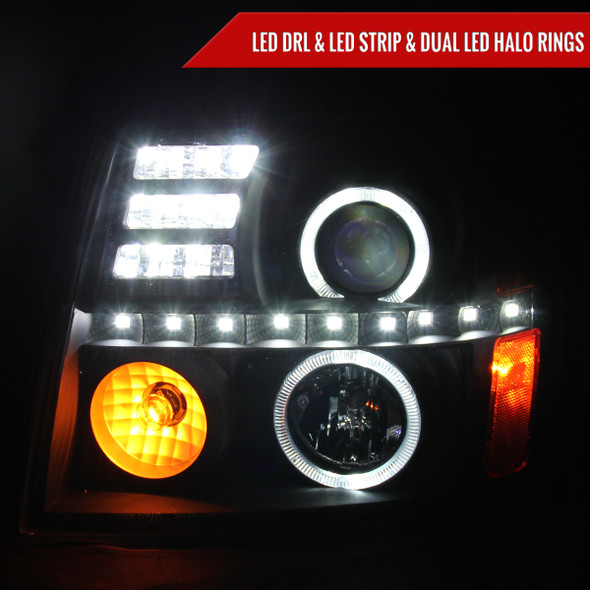 2002-2006 Cadillac Escalade Dual Halo Projector Headlights w/ SMD LED Light Strip (Matte Black Housing/Clear Lens)