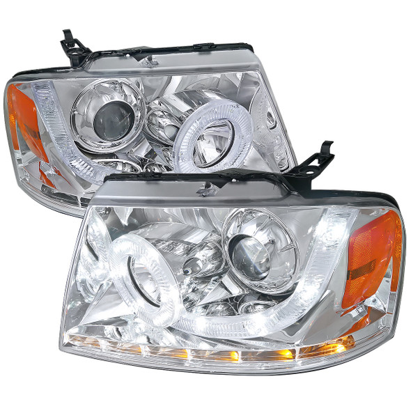 2004-2008 Ford F-150/ 2006-2008 Lincoln Mark LT Halo Projector Headlights w/ SMD LED Light Strip & LED Turn Signal Lights (Chrome Housing/Clear Lens)