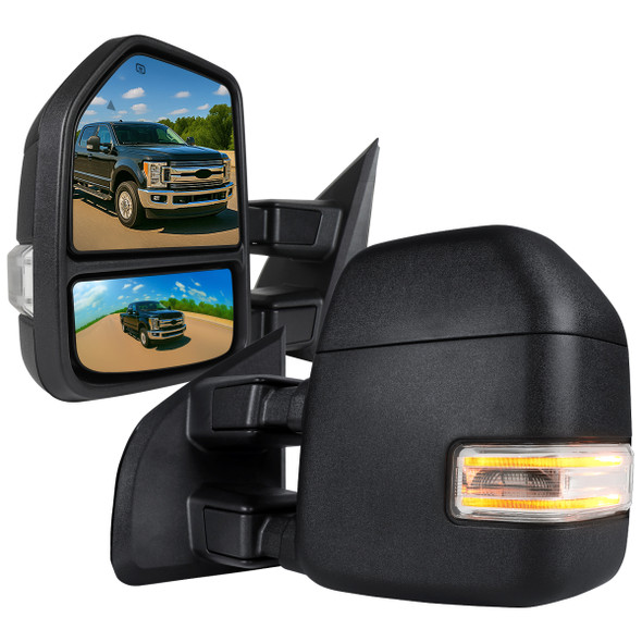 2017-2019 Ford F-250/F-350/F-450/F-550 Power Adjustable, Heated, & Manual Extendable Towing Mirrors w/ LED Turn Signal, Clearance, & Auxiliary Lights