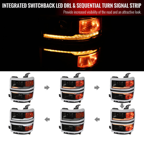 2014-2015 Chevrolet Silverado 1500 Switchback Sequential LED Bar Projector Headlights (Matte Black Housing/Smoked Lens/Chrome Trim)