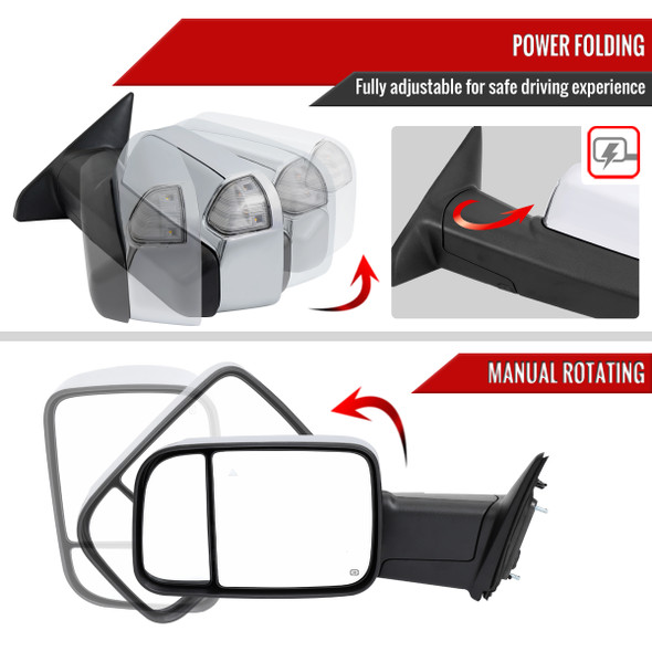 2019-2022 Ram 2500 3500 Chrome Power Adjustable, Auto-Fold, BSD & Heated Side Mirror w/ LED Puddle and Turn Signal Light - Driver Side Only
