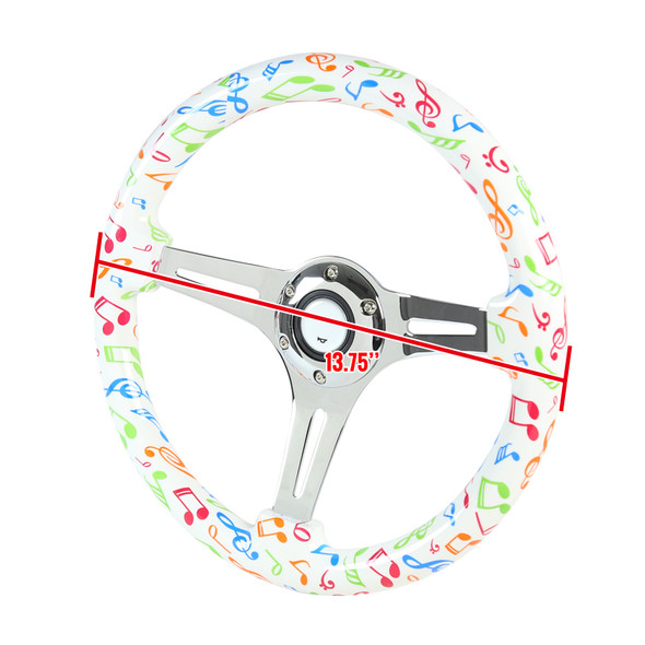 350mm 3-Spoke Musical Notes 2" Deep Dish Wooden Steering Wheel (Chrome)