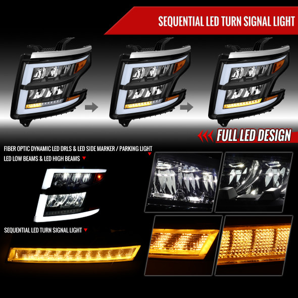 2015-2020 Chevrolet Tahoe Suburban Full LED DRL Sequential Headlights (Matte Black Housing / Clear Lens)