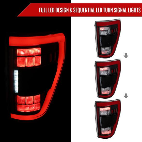 2021–2023 Ford F-150 Red LED Tail Lights w/ Switchback Sequential Turn Signals (Matte Black Housing / Clear Lens)