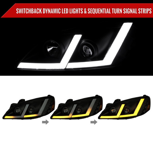 2005-2010 Pontiac G6 Projector Headlights w/ LED Light Strip Sequential Switchback(Black Housing / Smoked Lens)