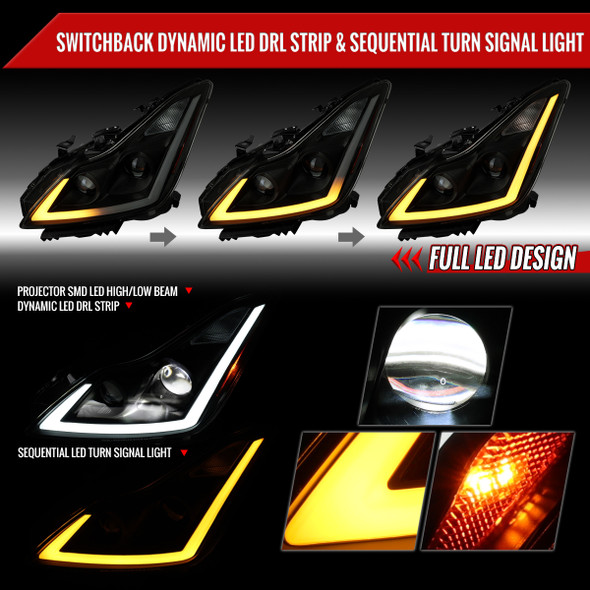 2008-2013 Infiniti G37/2014-2015 Q60 Coupe/Convertible Sequential Switchback LED Turn Signal Full LED Projector Headlights (Matte Black Housing / Smoked Lens)