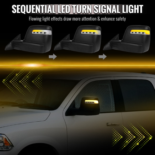 2009-2018 Dodge RAM 1500 Black Power Heated 2023 Style Towering Mirror w/ Sequential Signal