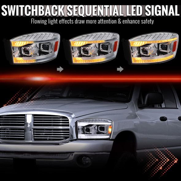 2006–2008 Dodge RAM 1500 / 2006–2009 RAM 2500 3500 Projector Headlights with Switchback LED Strips, Sequential Turn Signals, DRL & Startup Animations (Chrome Housing / Clear Lens)