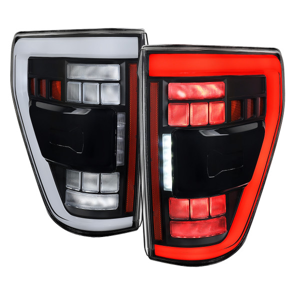 2021-2023 Ford F-150 Full LED Tail Lights with White Light Bar Sequential Turn Signal, Startup Animation & Factory BSM Compatibility (Black Housing / Clear Lens)