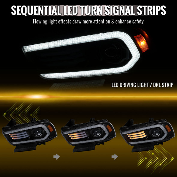 2011-2014 Dodge Charger HID Projector Headlights w/ LED DRL Light Strip Sequential Turn Signal and Side Marker  (Black Housing / Clear Lens)