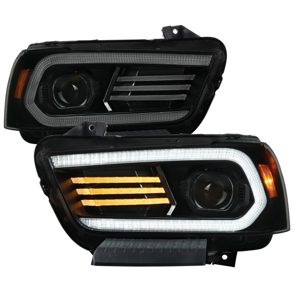 2011-2014 Dodge Charger HID Projector Headlights w/ LED DRL Light Strip Sequential Turn Signal and Side Marker  (Black Housing / Smoked Lens)