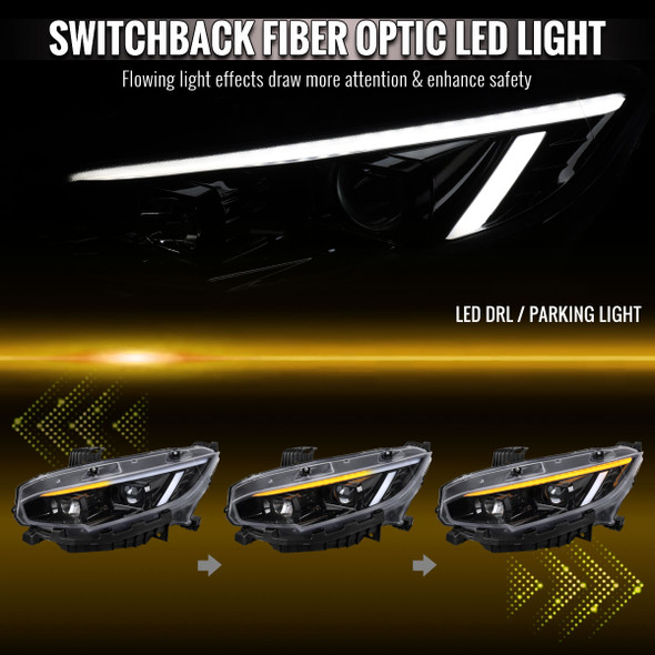 2016-2021 Honda Civic Projector Headlights w/ Switchback LED Sequential Turn Signals DRL Parking Light Strip (Jet Black Housing  / Clear Lens)