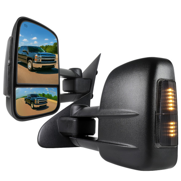 2014-2018 Chevrolet Silverado/GMC Sierra Power Heated Manual Extendable Towing Mirrors w/ Smoked Lens LED Turn Signal Lights