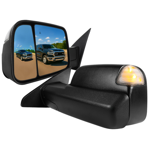 2019-2024 Dodge Ram 1500 Matte Black Power Plane Mirror w/ Manual Convex Mirror, Manual Fold & Rotate, BSD, Heated Plane Mirror and LED Turn Signal Light