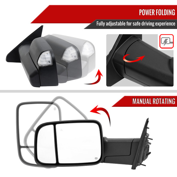 2019-2024 Dodge Ram 1500 Matte Black Power Plane Mirror w/ Manual Convex Mirror, Power Fold w/ Manual Rotate, BSD, Heated Plane Mirror and LED Turn Signal Light