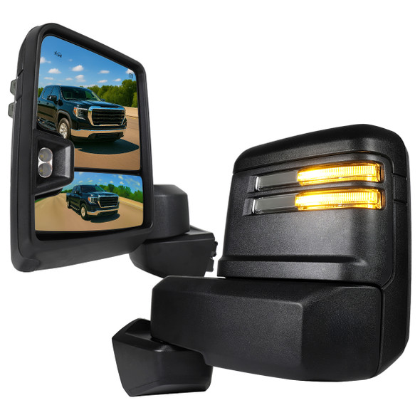 2019-2025 GMC Sierra 1500 Power Adjustable, Heated, & Manual Extendable Black Towing Mirrors w/ Smoked Lens LED Turn Signal & Clearance Lights