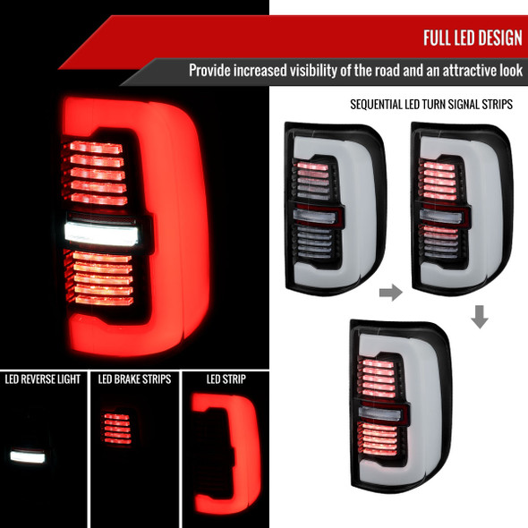 2019-2024 Dodge RAM 1500 Tail Light w/ Sequential Turn Signal LED Strip and LED Side Marker Brake Reverse (Black Housing / Clear Lens)