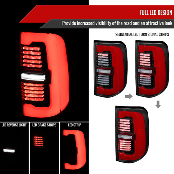 2019-2024 Dodge RAM 1500 Tail Light w/ Sequential Turn Signal Red LED Strip and LED Side Marker Brake Reverse (Black Housing / Clear Lens)